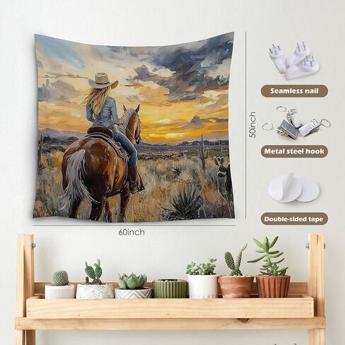 MKYFHSVGD Western Horse Cowgirl Tapestry Wall Hanging, Abstract Boho Sunset Desert Landscape Country Cowgirl Wall Tapestry for Girls Bedroom Living Room Home Decorations, 50x60 Inch in Saudi Arabia