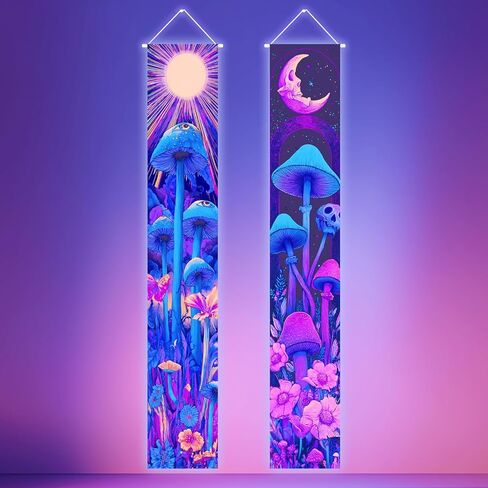 قطعتان من نسيج بلاك لايت، قنديل البحر والقمر والجمجمة الفطر، لافتة عمودية مع تصميم غابة كونية نيون تفاعلية للأشعة فوق البنفسجية، مقاس 30.48 × 71 بوصة للتوهج في الظلام ديكور حفلات الحائط in Kuwait