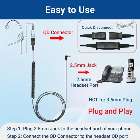 2.5mm to QD Adapter Cable for Plantronics Quick Disconnect Headsets Compatible with Panasonic Dect6.0 AT&T ML17929 VTech Uniden Polycom Cisco SPA RCA Grandstream & Cordless Phones with 2.5mm Jack in Kuwait