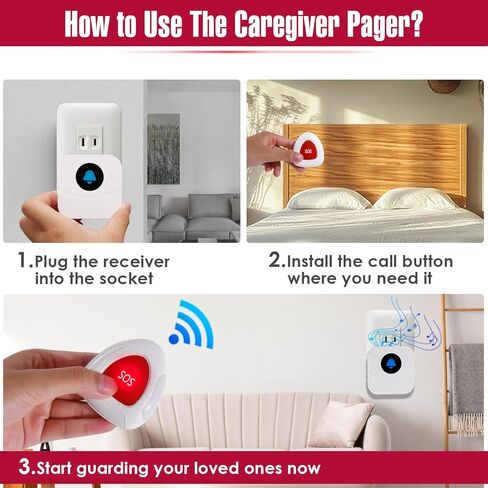 نظام استدعاء الممرضات اللاسلكي، 2 زر قلادة SOS و2 جهاز استقبال إضافي، نطاق طويل 500 قدم للمنزل وكبار السن والمريض ومقدمي الرعاية مع 55 نغمة رنين وتنبيه بصوت عالٍ 110 ديسيبل in Kuwait