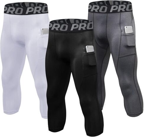 Men's 3/4 Compression Pants Athletic Capri Running Tights with Pockets Football Workout Leggings Base Layer 3 Pack in Saudi Arabia