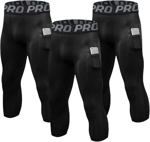 Men's 3/4 Compression Pants Athletic Capri Running Tights with Pockets Football Workout Leggings Base Layer 3 Pack in Saudi Arabia