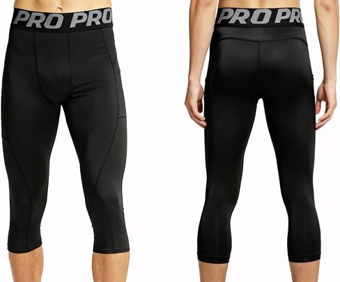 Men's 3/4 Compression Pants Athletic Capri Running Tights with Pockets Football Workout Leggings Base Layer 3 Pack in Saudi Arabia