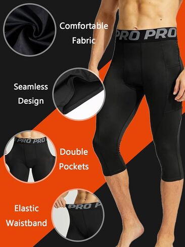 Men's 3/4 Compression Pants Athletic Capri Running Tights with Pockets Football Workout Leggings Base Layer 3 Pack in Saudi Arabia