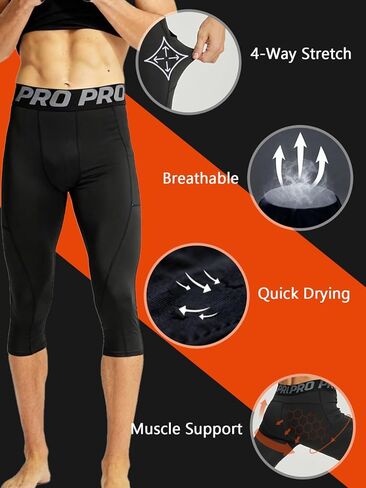Men's 3/4 Compression Pants Athletic Capri Running Tights with Pockets Football Workout Leggings Base Layer 3 Pack in Saudi Arabia