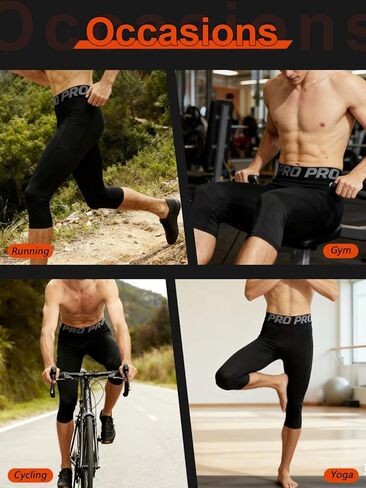 Men's 3/4 Compression Pants Athletic Capri Running Tights with Pockets Football Workout Leggings Base Layer 3 Pack in Saudi Arabia