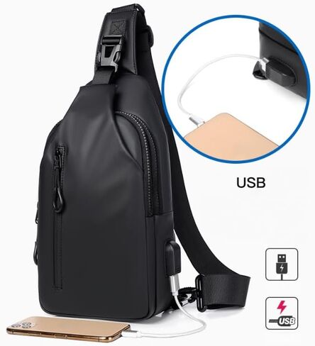 حقيبة صدر للرجال، حقائب مقاومة للماء للرجال، حقيبة ظهر كتف للرجال مع منفذ شحن USB وسماعات رأس، حقيبة خفيفة الوزن للاستخدام الخارجي (أسود) in Saudi Arabia