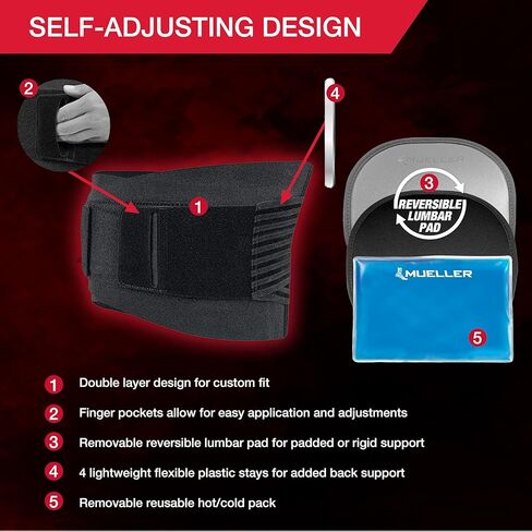 Mueller Sports Medicine 4-in-1 Lumbar Support Back Brace, Men and Women, Adjustable Lower Waist Belt, Back Pain Relief from Soreness, Fatigue, or Injury, Black in Saudi Arabia