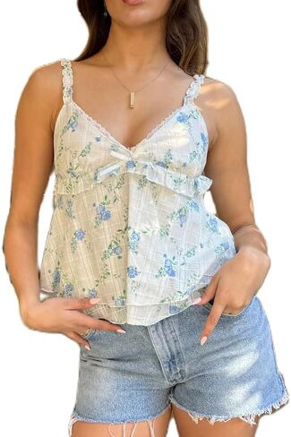 Women Babydoll Floral Print Tank Tops Teen Girls Ruffle Hem Cami V Neck Backless Going Out Crop Tops in Saudi Arabia
