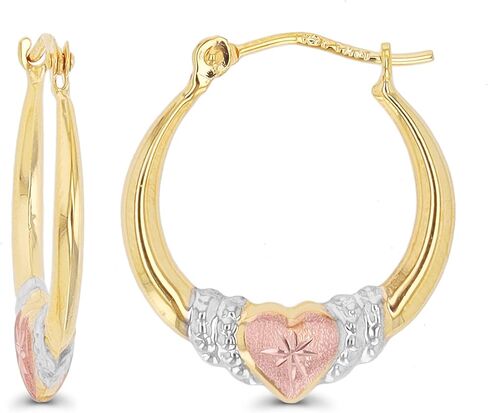 10K Gold Tricolor Diamond Cut Grad Heart Hoop Earrings in Saudi Arabia