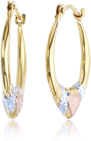 10K Gold Tricolor Diamond Cut Grad Heart Hoop Earrings in Saudi Arabia