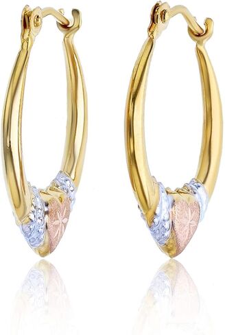 10K Gold Tricolor Diamond Cut Grad Heart Hoop Earrings in Saudi Arabia