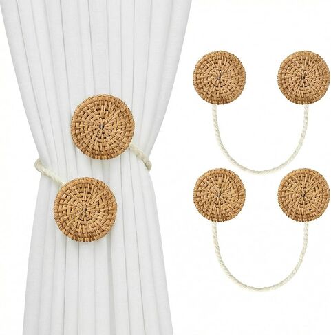 Panelee 2 Pack Boho Curtain Tiebacks, Rattan Curtain Holdbacks, Natural Rattan Boho Tie Backs, No Drill Drapes Decorative for Indoor Outdoor Bedroom Window Living Room in Saudi Arabia