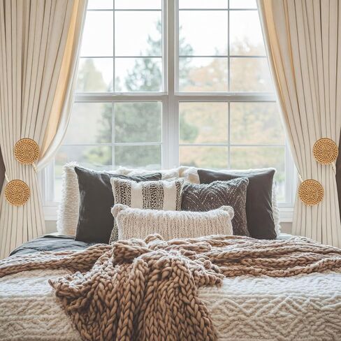 Panelee 2 Pack Boho Curtain Tiebacks, Rattan Curtain Holdbacks, Natural Rattan Boho Tie Backs, No Drill Drapes Decorative for Indoor Outdoor Bedroom Window Living Room in Saudi Arabia