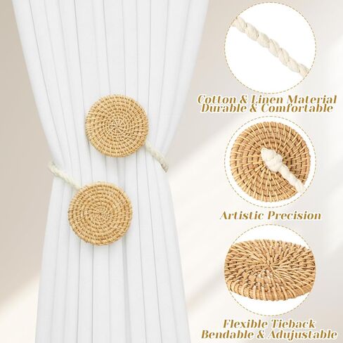 Panelee 2 Pack Boho Curtain Tiebacks, Rattan Curtain Holdbacks, Natural Rattan Boho Tie Backs, No Drill Drapes Decorative for Indoor Outdoor Bedroom Window Living Room in Saudi Arabia
