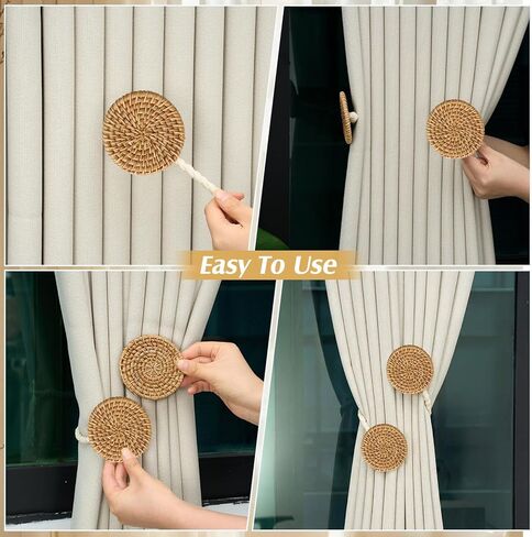 Panelee 2 Pack Boho Curtain Tiebacks, Rattan Curtain Holdbacks, Natural Rattan Boho Tie Backs, No Drill Drapes Decorative for Indoor Outdoor Bedroom Window Living Room in Saudi Arabia
