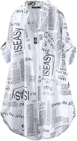 Women's Newspaper Printed Shirts Long Sleeve Button Down Blouses Lapel Oversized Tunic Tops in Saudi Arabia