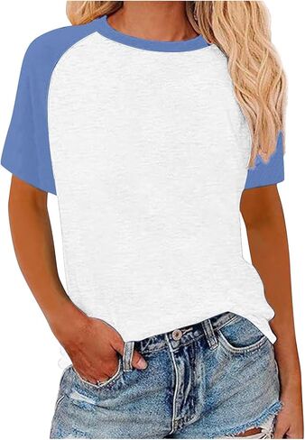 Raglan Baseball Shirt Women Short Sleeve Crewneck Jersey Tops Summer Casual Color Block Workout Athletic Tunic Shirts in Saudi Arabia