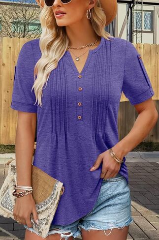 Women's Summer Knit Tops Short Sleeve V Neck Button Folded Front Soft Tunic Blouses in Saudi Arabia