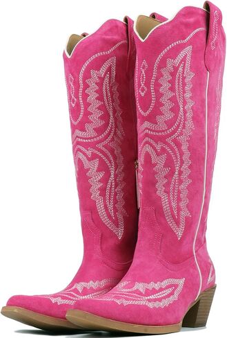 Meefit Cowboy Boots for Women Knee High Cowgirl Boots Pointed Toe Chunky Heel Western Boots,Retro Country Boots,Vintage Tall Boots(hot pink,US8.5) in Saudi Arabia