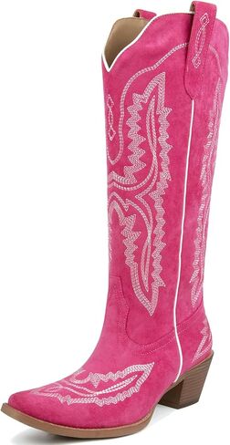 Meefit Cowboy Boots for Women Knee High Cowgirl Boots Pointed Toe Chunky Heel Western Boots,Retro Country Boots,Vintage Tall Boots(hot pink,US8.5) in Saudi Arabia