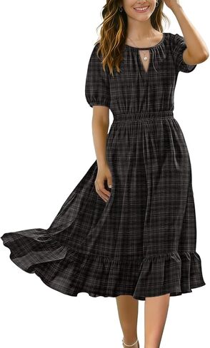 YESNO Womens Summer Floral Boho Flowy Midi Dresses Casual Puff Sleeve Elastic Waist A-Line Swing Beach Dress with Pocket ECV in Kuwait