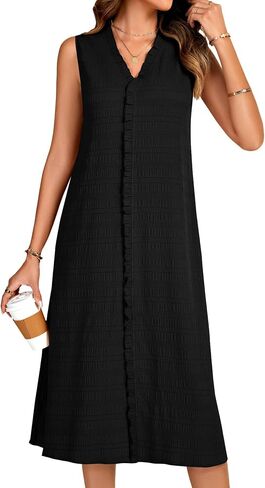 Vrtige Women's V Neck Ruffle Sleeveless A-Line Loose Boho Flowy Long Dress in Saudi Arabia