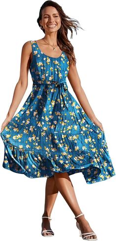 YESNO Women's Summer Casual Sleeveless Midi Dresses Boho Floral Tiered Sundresses with Pockets EMV in Kuwait