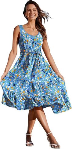 YESNO Women's Summer Casual Sleeveless Midi Dresses Boho Floral Tiered Sundresses with Pockets EMV in Saudi Arabia