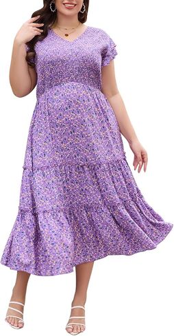 Keluummi Plus Size Summer Maxi Wedding Guest Dress for Curvy Women, Casual Boho Flutter Sleeve Long A Line Sundress, Pockets in Kuwait
