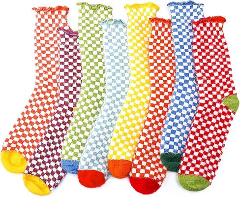 JenPen 8 Pairs Plaid Socks Women Striped Frilly Checkered Sock Colorful Cozy Gingham Fuzzy Winter Soft Casual Gift Size 5-10 in Saudi Arabia