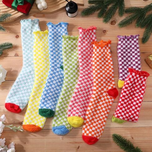 JenPen 8 Pairs Plaid Socks Women Striped Frilly Checkered Sock Colorful Cozy Gingham Fuzzy Winter Soft Casual Gift Size 5-10 in Saudi Arabia