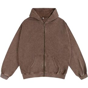 سترة بغطاء للرأس للرجال والنساء بسحاب للغسيل الحمضي عتيقة كبيرة الحجم ملابس الشارع ثقيلة الوزن من الصوف والقطن بسحاب هوديي in Kuwait