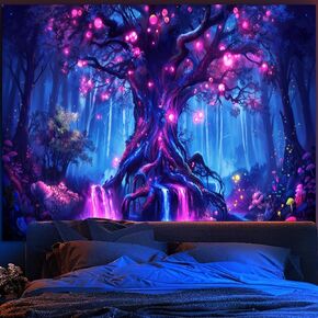 SparkLia Blacklight Fantasy Tree of Life Tapestry – UV Reactive Glowing Neon Forest Wall Hanging, Magical Fairy Waterfall Galaxy Nature Art Decor for Bedroom, Living Room - 59.1" x 80" in Kuwait