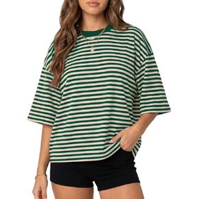 BAIGRAM Oversized Crewneck Striped Tee Tops Short Sleeve Drop Shoulder Y2K Aesthetic Casual Preppy Cotton Tshirt Summer Girls in Kuwait