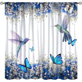 Hummingbird Flower Watercolor Spring Garden Theme Blue Flowers Butterfly Hummingbird Pattern Printed Curtains for Bedroom and Living Room - W42 * L45 Inches in Kuwait