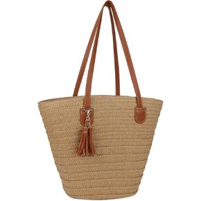 Straw Beach Bags for Women Summer Beach Tote Bag Woven Shoulder Handbag Purse with Tassel (Brown-Style-1) in Kuwait