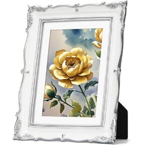 5x7 White Silver Vintage Picture Frame, 5 by 7 Polystone Frame with Mat for 4x6 Photo, Retro Photo Frame Desktop or Wall, Horizontal or Vertical in Kuwait