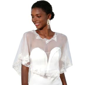 Lace Shawl Wrap Shrug Wedding White Flower Sequin Cape Elegant Tulle Sheer Bridal Scarf Capelets Lace Dress Cover up Evening for Brides Women in Kuwait