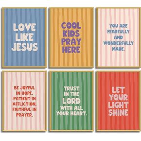 6Pcs Children's Bible Verse Wall Art Cute Colorful Kids Striped Posters Prints Pictures Christian Inspirational Quotes Canvas Paintings Wall Decor for Boy Girl Bedroom Home Decoration 8x10in Unframed in Kuwait