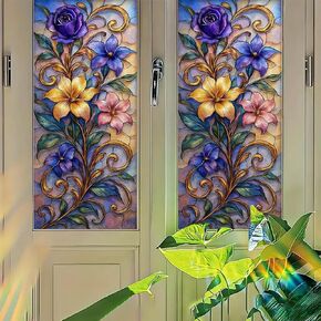Floral Vine Window Film Stained Glass Style Privacy Panel Static Cling Decorative Cover for Bathroom Door Entryway Sunroom 17.7x39.3 inch in Kuwait