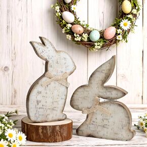 Thyle 2 Pcs Easter Bunny Wooden Signs Wooden Bunny Decorations with Bow Rustic Rabbit Shape Table Centerpiece Signs for Tables Tiered Tray Easter Gifts(Classic,Brown) in Kuwait