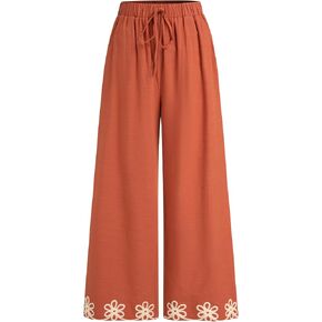 سروال واسع الساق من CIDER، سروال متوسط ​​الخصر مزين بالزهور، سروال Palazzo فضفاض مريح بخصر مطاطي in Kuwait