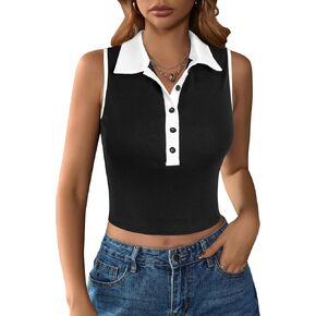 Remidoo Women's Collared Tank Top Half Button Crop Tops Color Block Fitted Sleeveless Shirt in Kuwait