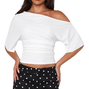 YFANG Women's Off Shoulder Short Sleeve Crop top Ruched Asymmetrical Y2K Going Out T Shirt in Kuwait