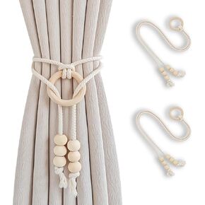 Boho Curtain Tiebacks with Wooden Beads, Handmade Window Drapery Holdbacks, Natural Cotton Rope Curtain Ties for Living Room Bedroom Decor (Set of 2) in Kuwait