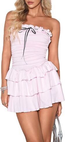 HYPERFIRE Women's Strapless Tube Top Dress Ruched Bow Tie Layer Party Dresses with Built-in Shorts in Kuwait
