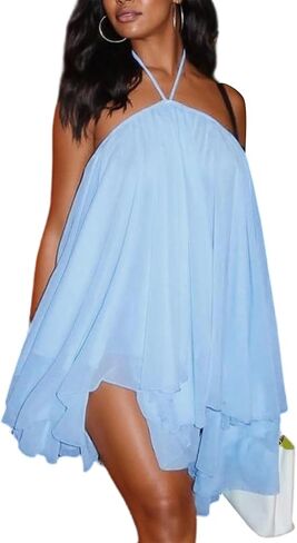 LETSVDO Women's Summer Halter Dress Tie Backless Sleeveless Off Shoulder Ruffle Hem Chiffon Flowy Beach Mini Dresses in Kuwait