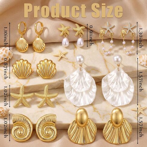 Nosiny 8 Pairs Beach Earrings for Women Gold Starfish Seashell Pearl Drop Shell Conch Earrings Summer Ocean Beachy Jewelry in Saudi Arabia
