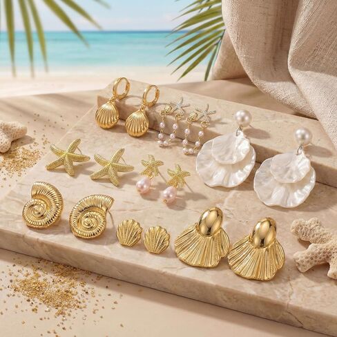 Nosiny 8 Pairs Beach Earrings for Women Gold Starfish Seashell Pearl Drop Shell Conch Earrings Summer Ocean Beachy Jewelry in Saudi Arabia
